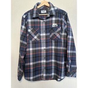 Hurley Mens Large Blue Checkered Flannel Button Up Mountain Logo Graphic Shirt